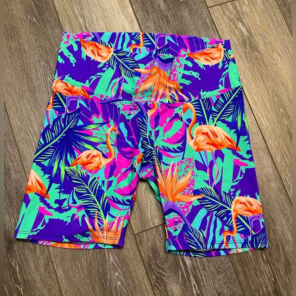 High-Waist Tropical Flamingo Bike Shorts - Purple/Teal/Orange